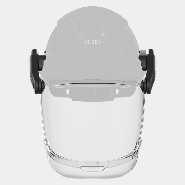Ceros® XP Click-and-Go® magnetic face shield with chin guard as shown from the front attached to a safety helmet.