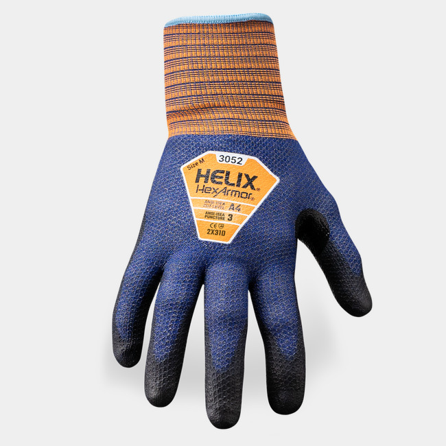 Back of hand view of Helix 3052 lightweight work gloves, showcasing the glove label and HPPE/spandex/nylon blend shell.