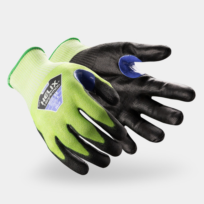 Hi-vis Helix 3060 cut-resistant gloves as they might appear on your hands.
