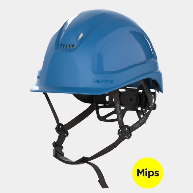 Ceros XP450A with Mips blue vented safety helmet with chin strap.