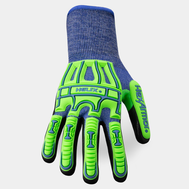 Back of hand view of Helix 3026IMP impact gloves showcasing the glove label and level two impact protection guards.