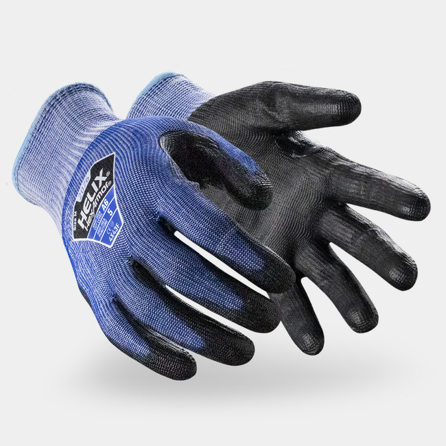 Blue and black Helix 2076 cut-resistant gloves shown side by side as they might appear on your hands.