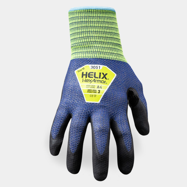 Back of hand view of Helix 3051 extreme comfort and ultra-thin work gloves, showcasing the glove label and HPPE/spandex/nylon blend shell.