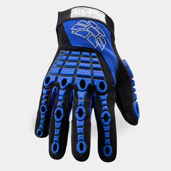 Back of hand view of Chrome Series 4024 cut-resistant gloves showing the impact resistant guards.