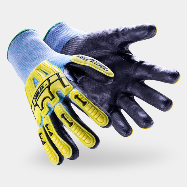 Black, hi-vis, and blue Helix 3012 impact-resistant gloves shown side by side as they might appear on your hands.