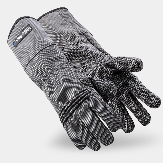 Grey Hercules 400R6E highly cut resistant gauntlet style gloves as they might appear on your hands.