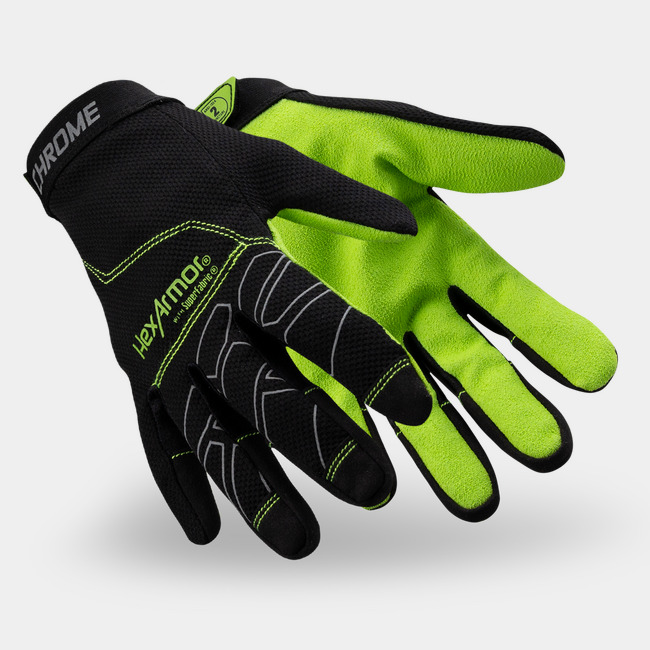 Black and hi-vis palm Chrome Series 4023 cut-resistant safety glove as they might appear on your hands.