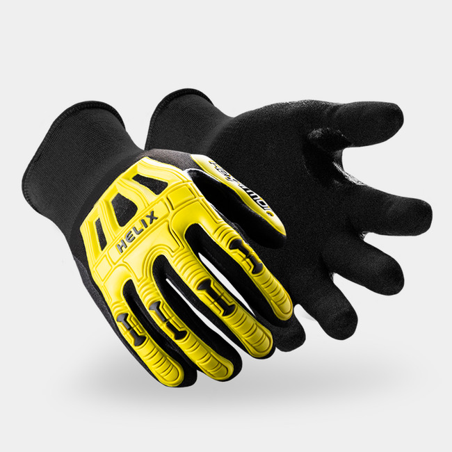 Black and yellow Helix 1095 impact-resistant gloves shown side by side as they might appear on your hands.