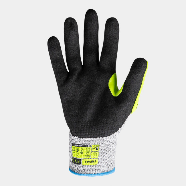 Palm view of the Helix 1075IMP impact gloves showcasing the sandy nitrile palm coating.  