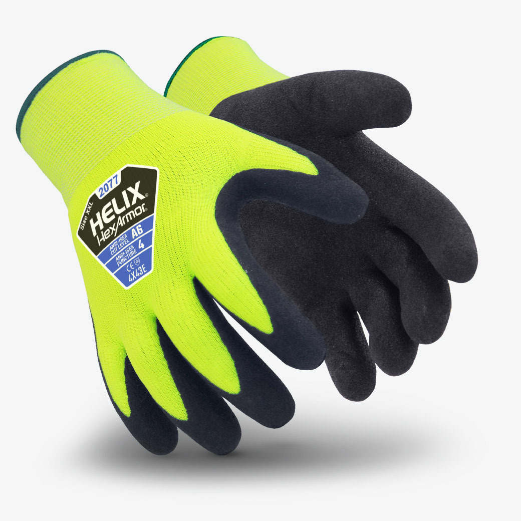 Black and yellow Helix 2077 hi-vis winter glove shown side by side as they might appear on your hands.