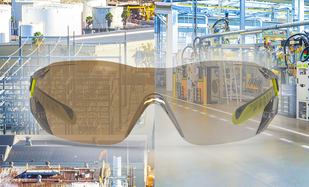 HexArmor safety glasses split to show the view through a CBR lens and a regular clear lens
