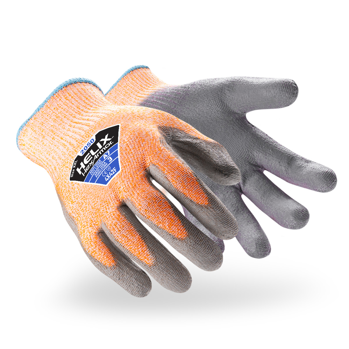 Hi-vis orange and grey Helix 2050 cut-resistant gloves shown side by side as they might appear on your hands.