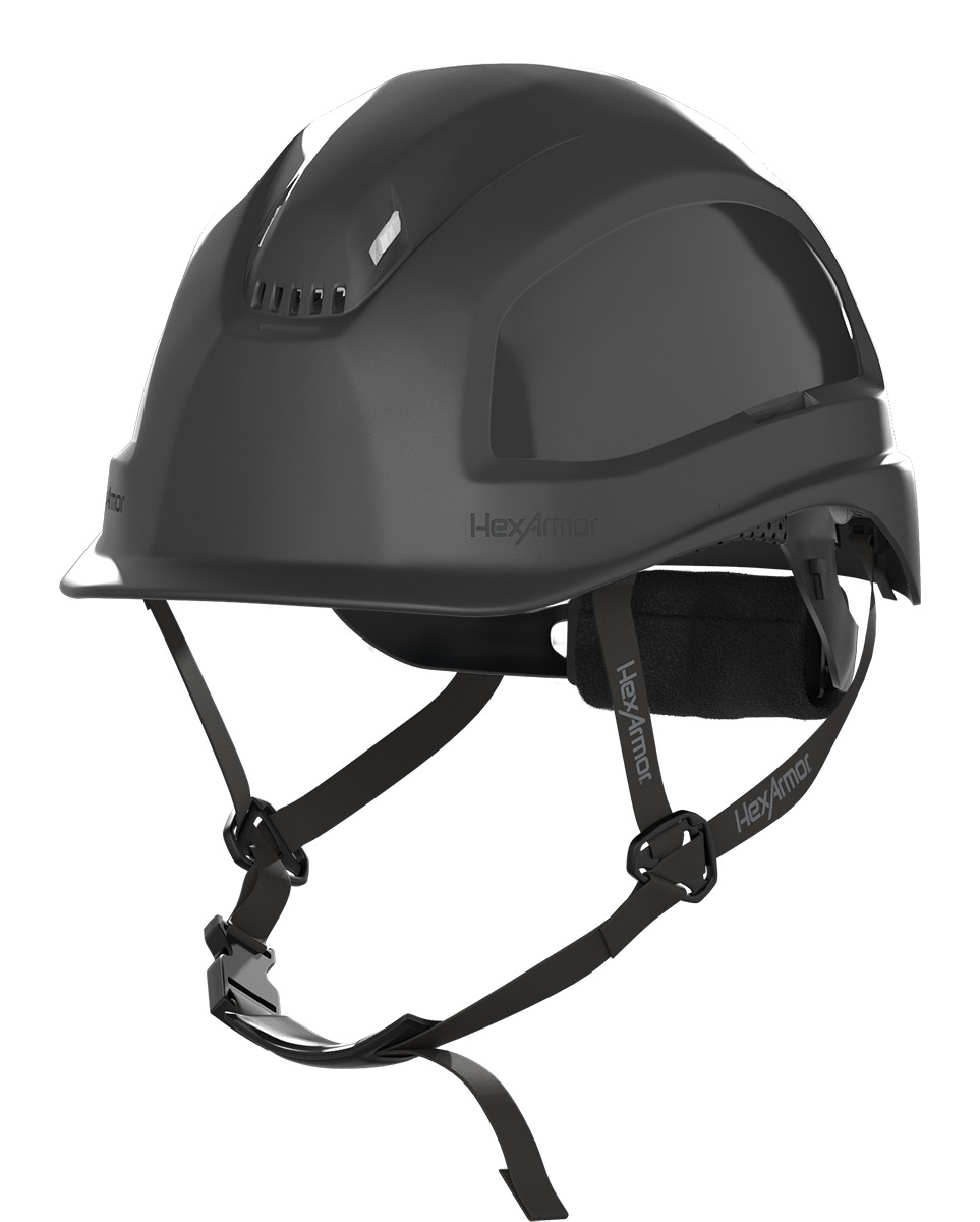 Ceros XP450A black vented safety helmet with chin strap.