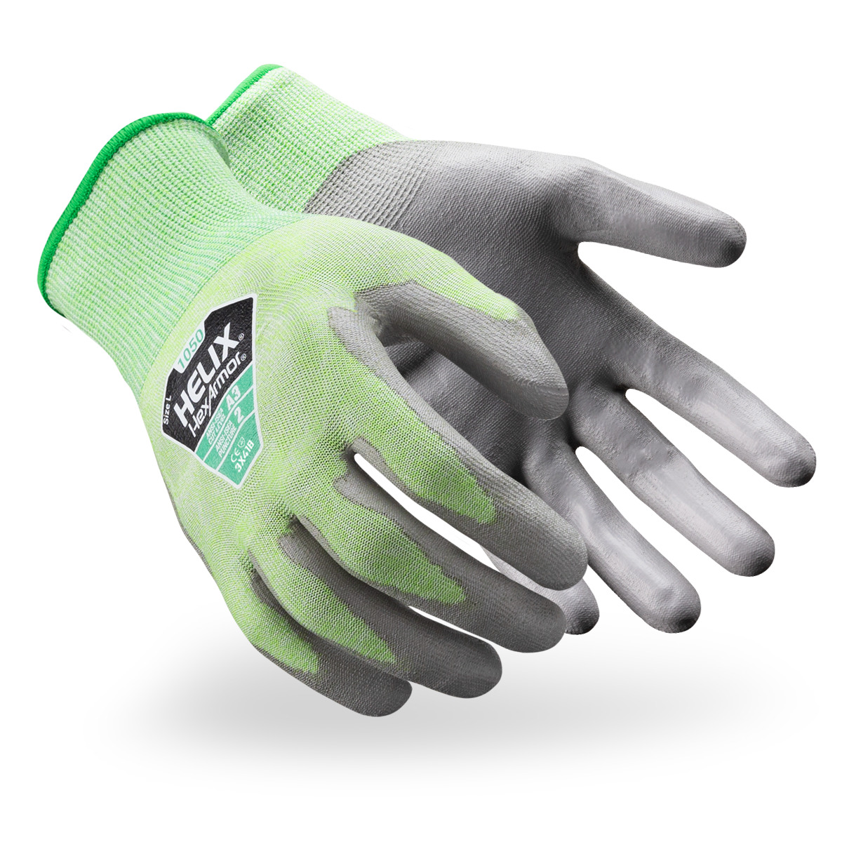 Green and grey Helix 1050 cut-resistant gloves shown side by side as they might appear on your hands.