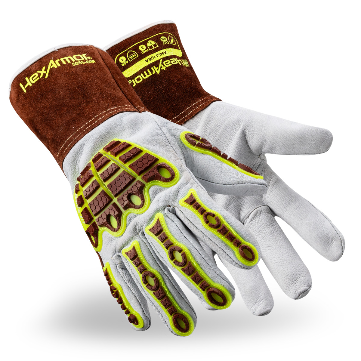 Pair of HeatArmor 5055 welding work gloves as they might appear on your hands.
