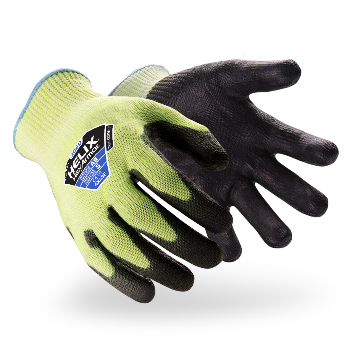 Hi-vis yellow and black Helix 2060 puncture-resistant gloves shown side by side as they might appear on your hands.