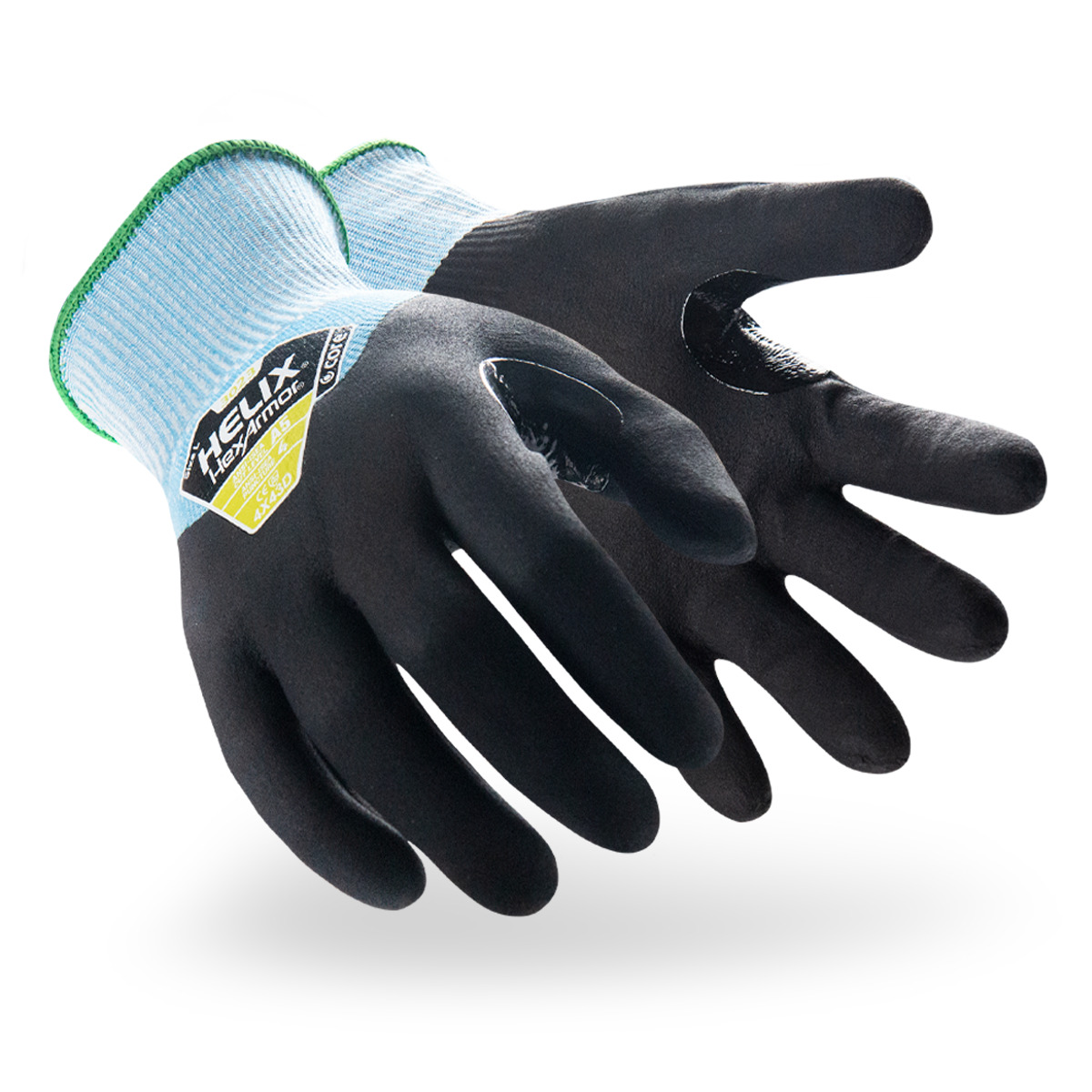 Blue and black Helix 3023 cut-resistant gloves as they might appear on your hands.