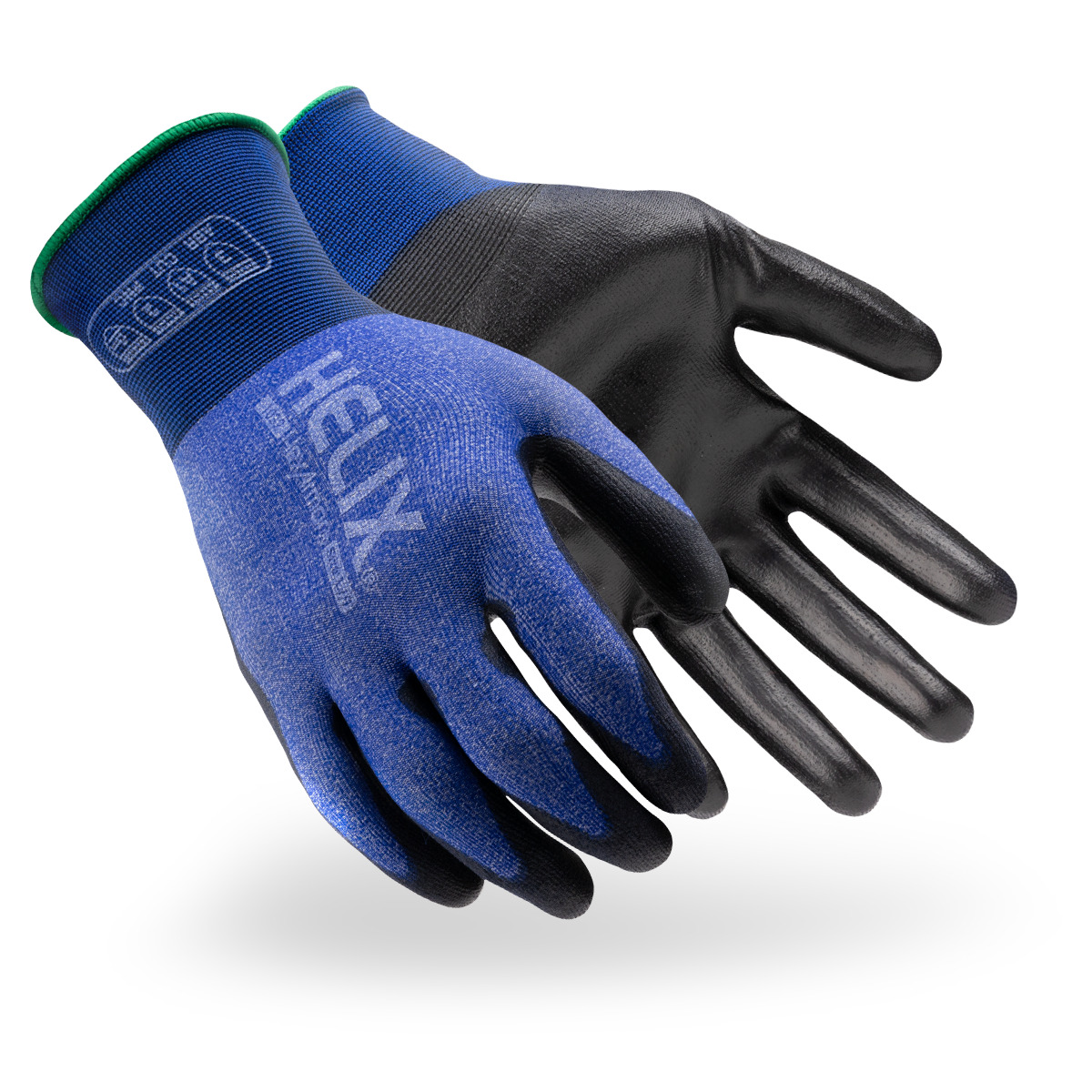 Blue and black Helix 1032 utility gloves shown side by side as they might appear on your hands.