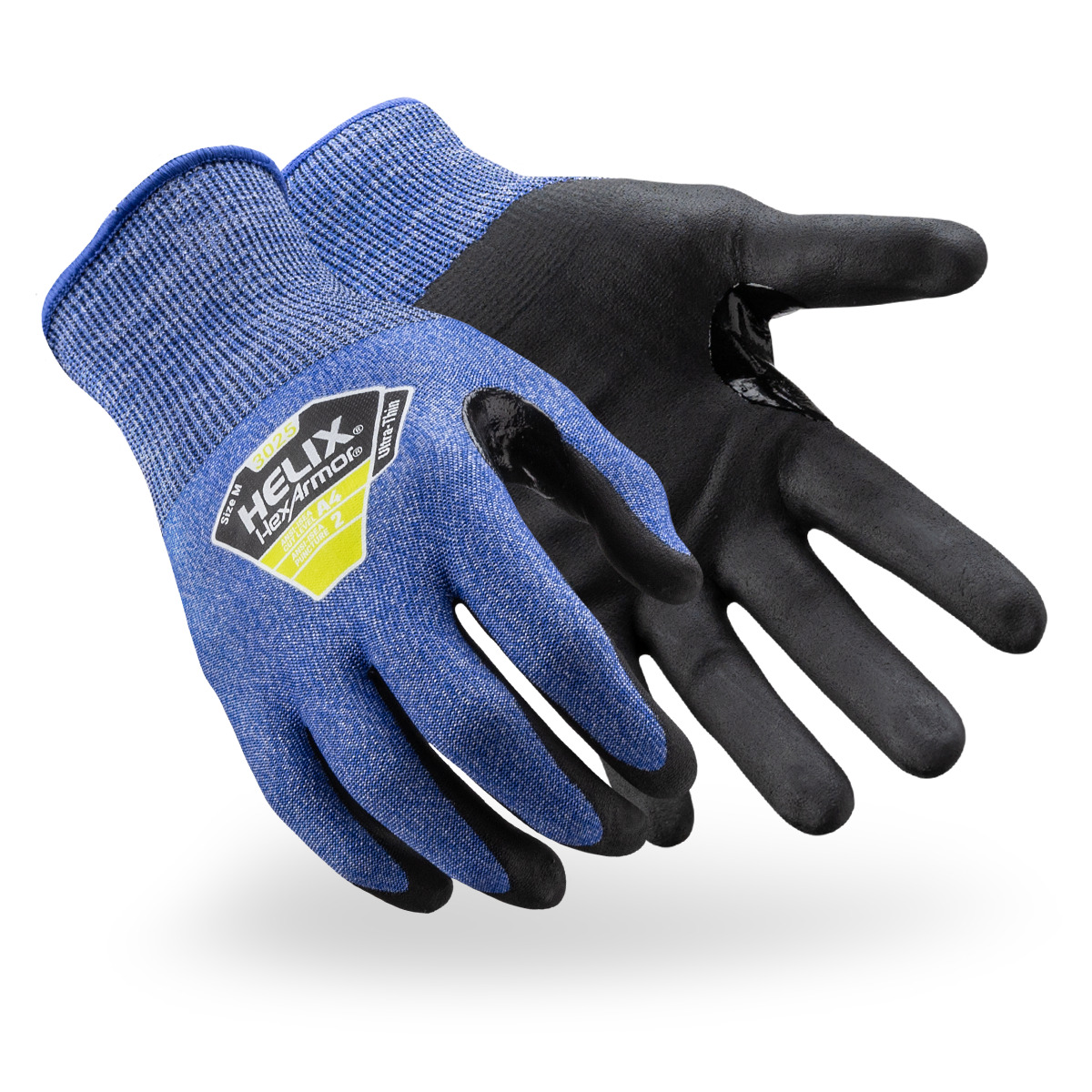 Blue Helix 3025 cut-resistant work gloves shown side by side as they might appear on your hands.