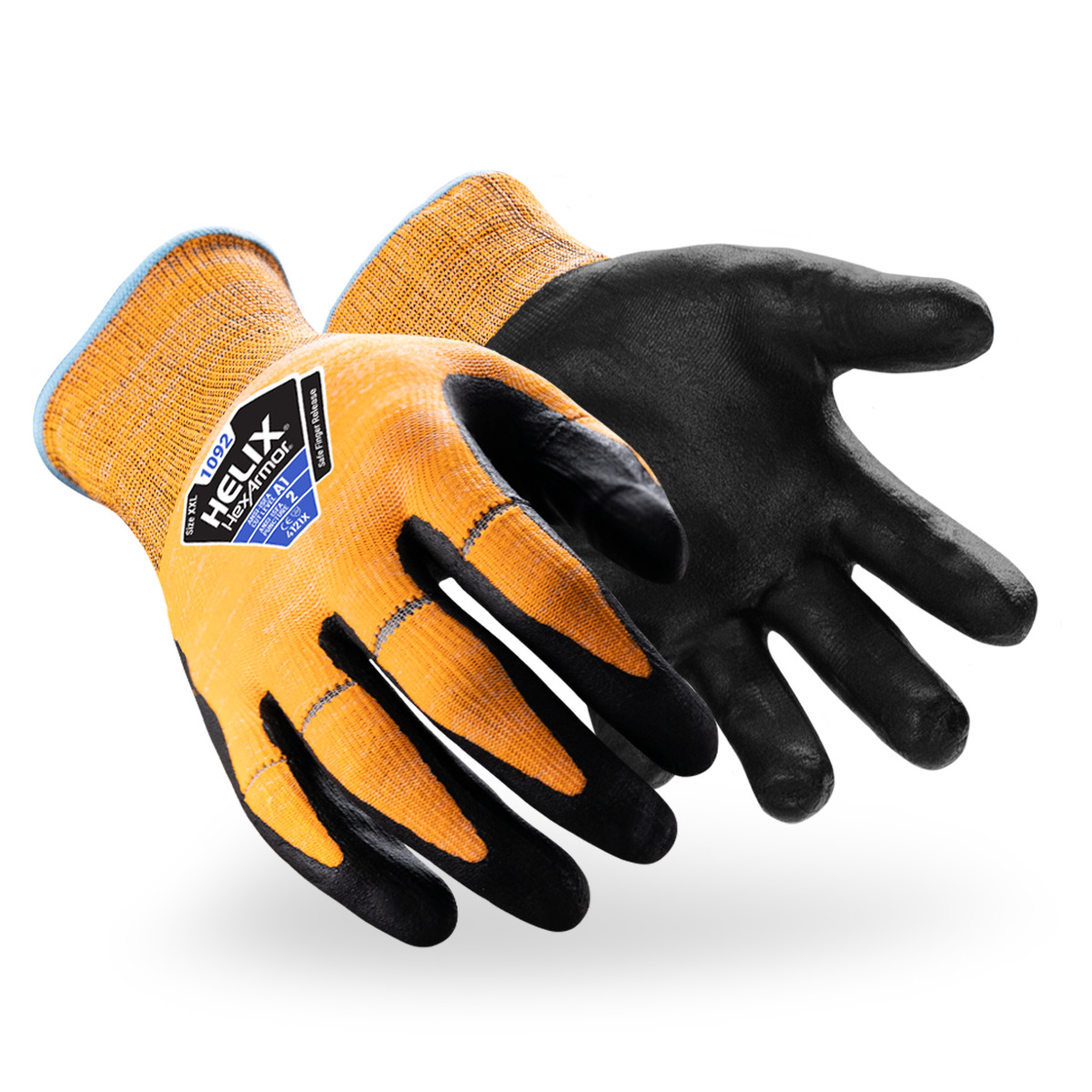 Hi-vis orange Helix 1092 abrasion-resistant safety gloves shown side by side as they might appear on your hands.