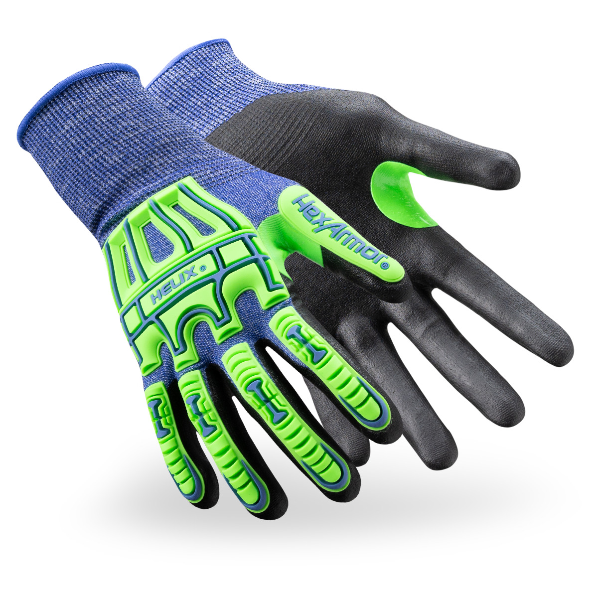Blue and green Helix 3026IMP cut-resistant work gloves shown side by side as they might appear on your hands.