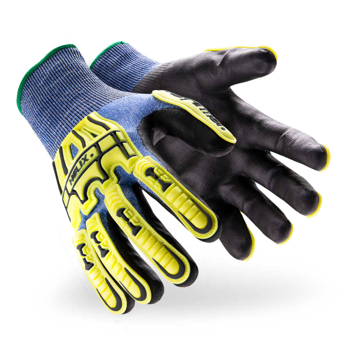 Hi-vis and blue Helix 3016 impact-resistant gloves as they might appear on your hands.