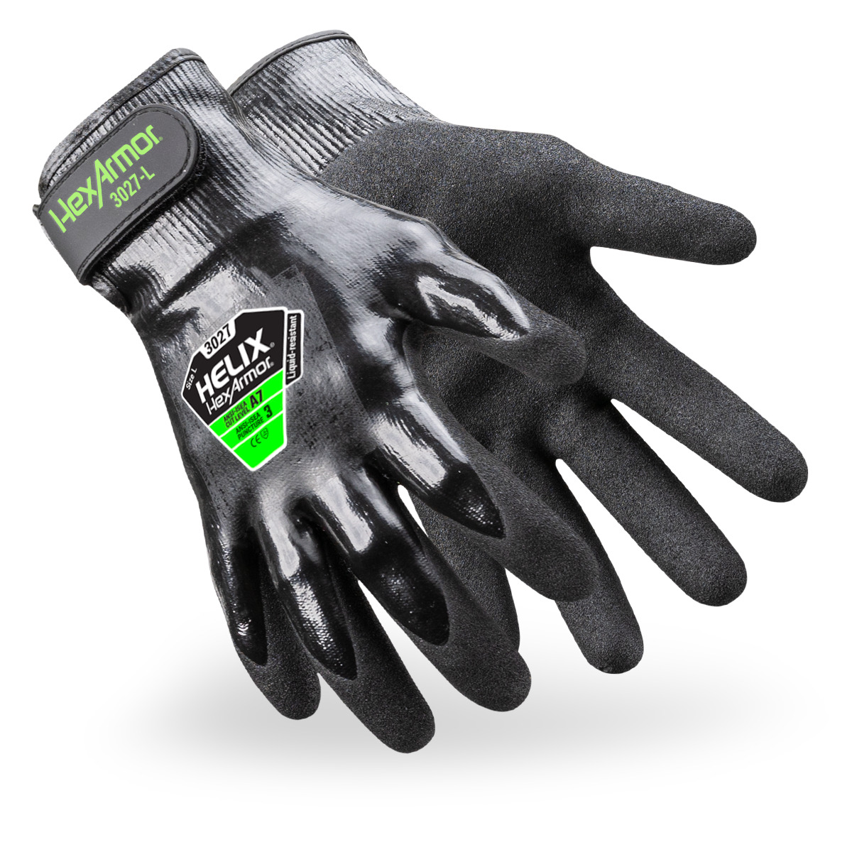 Black Helix 3027 water-resistant work gloves shown side by side as they might appear on your hands.