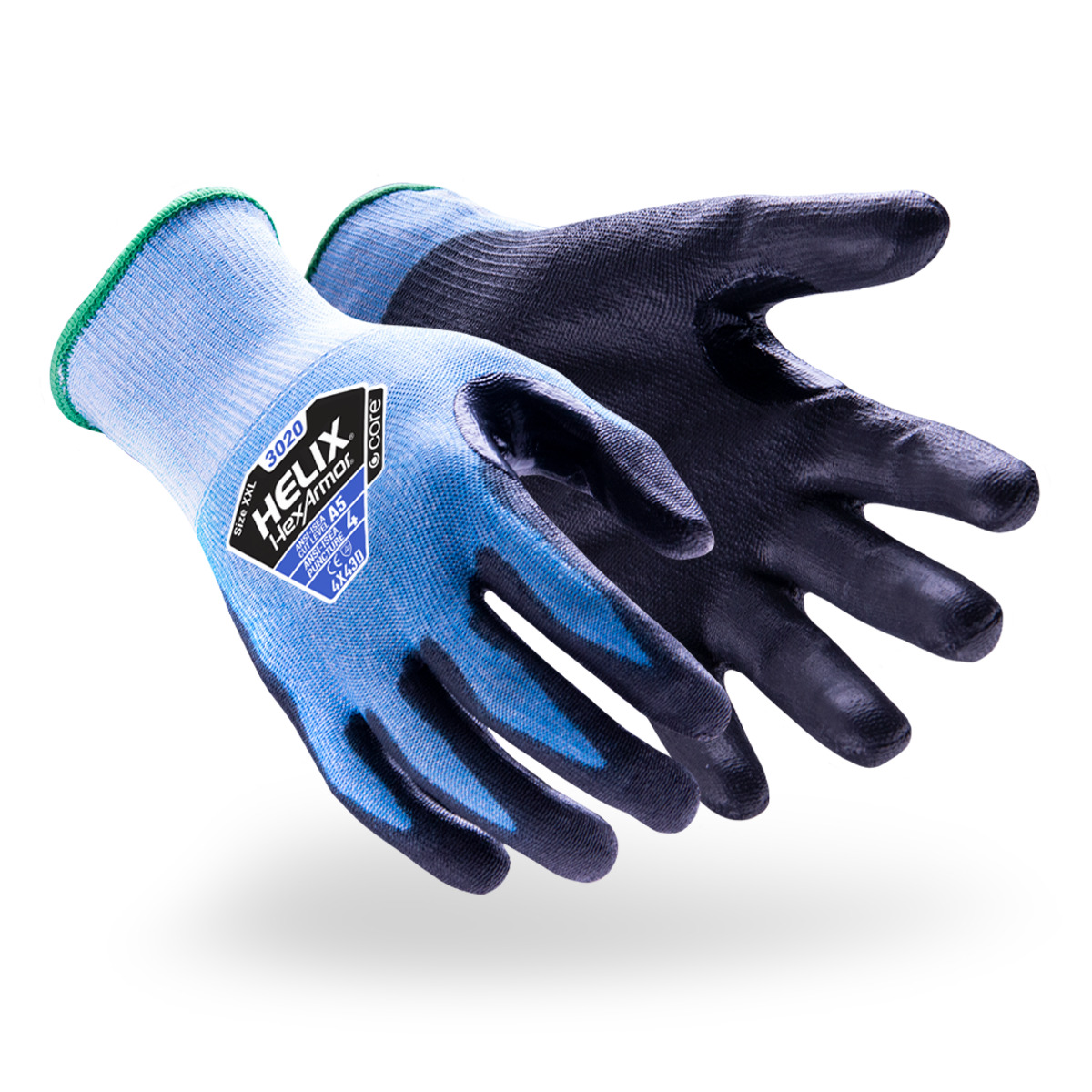 Black and blue Helix 3020 cut-resistant gloves shown side by side as they might appear on your hands.