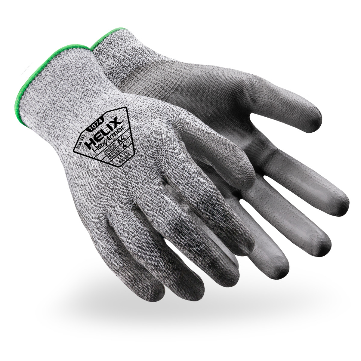 Grey Helix 1074 cut-resistant gloves shown side by side as they might appear on your hands.