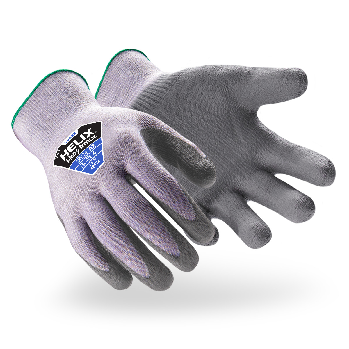 Grey Helix 2068X cut-resistant safety gloves shown side by side as they might appear on your hands.