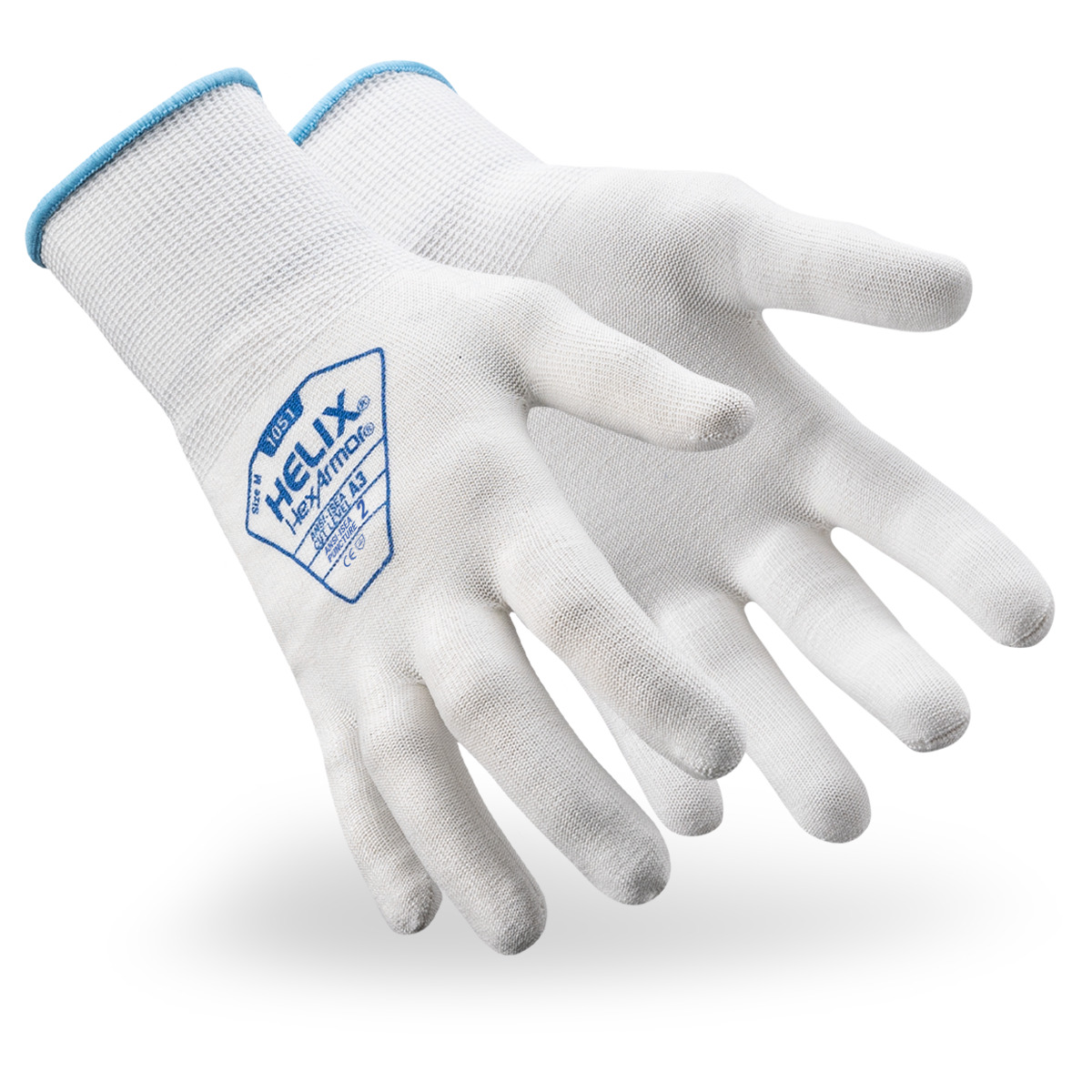 White Helix 1051 cut-resistant under glove safety gloves as they might appear on your hands.