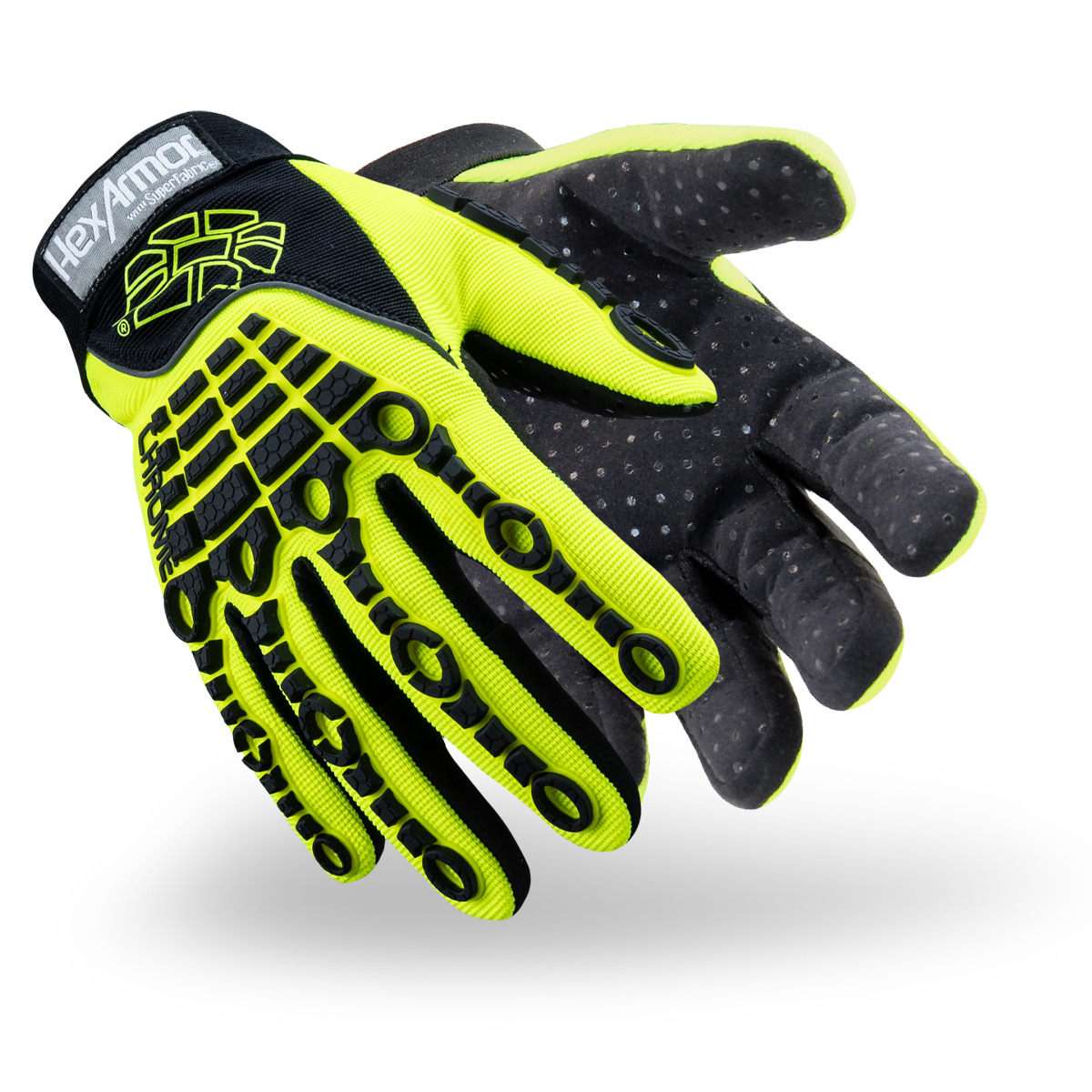 Hi-vis and black Chrome Series 4026 cut and impact resistant gloves as they might appear on your hands.