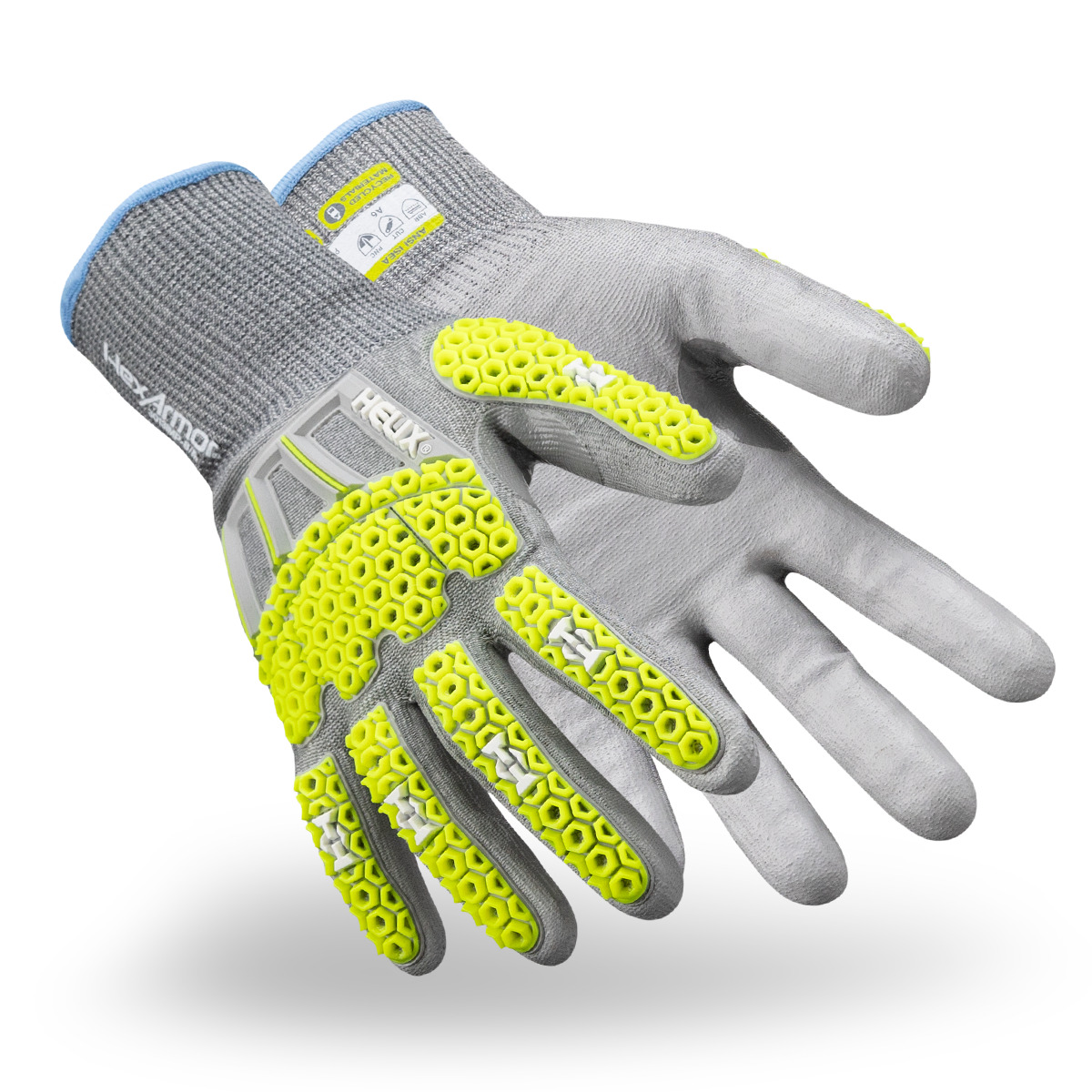 View of the Helix 3013IMP eco-friendly impact gloves side by side as they might appear on your hands. 