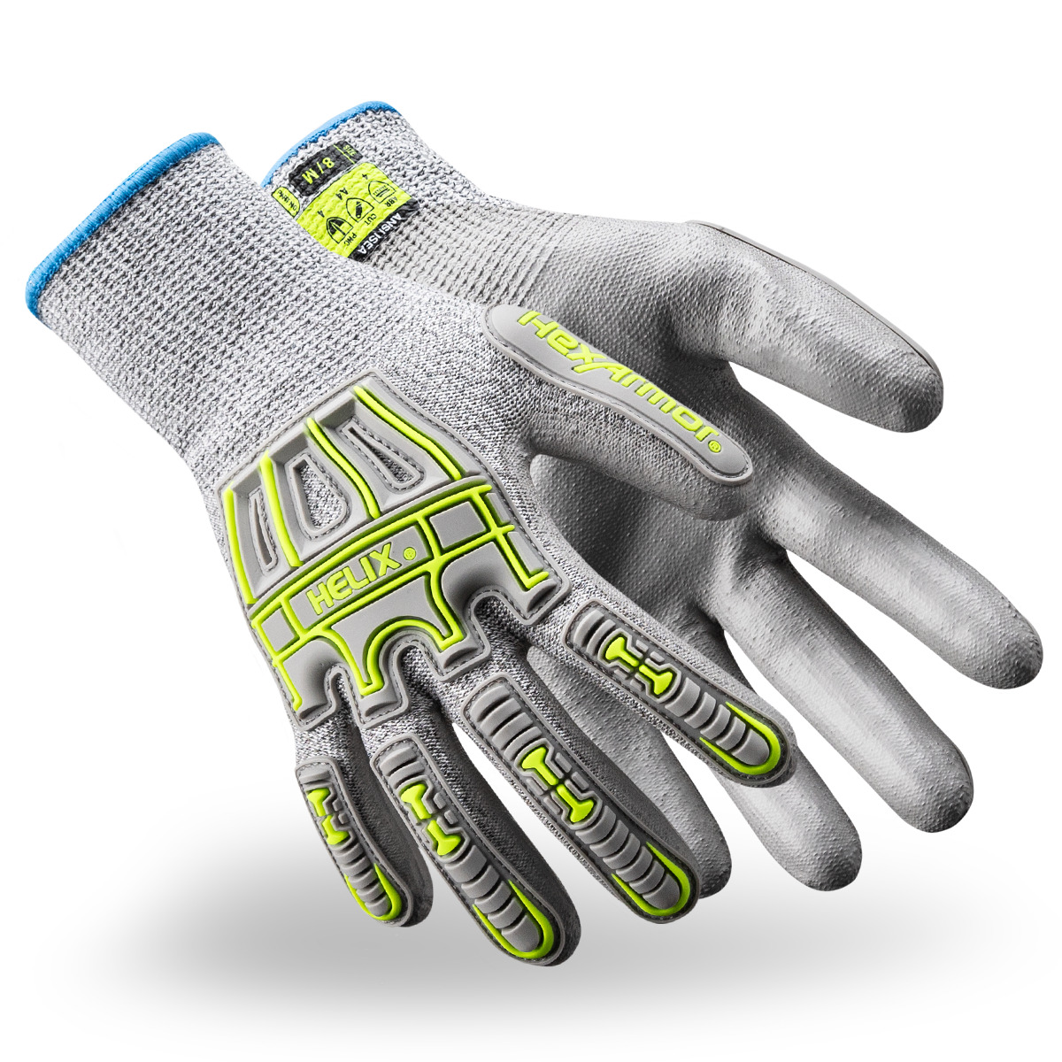 Light grey Helix 1074IMP cut-resistant safety gloves shown side by side as they might appear on your hands.