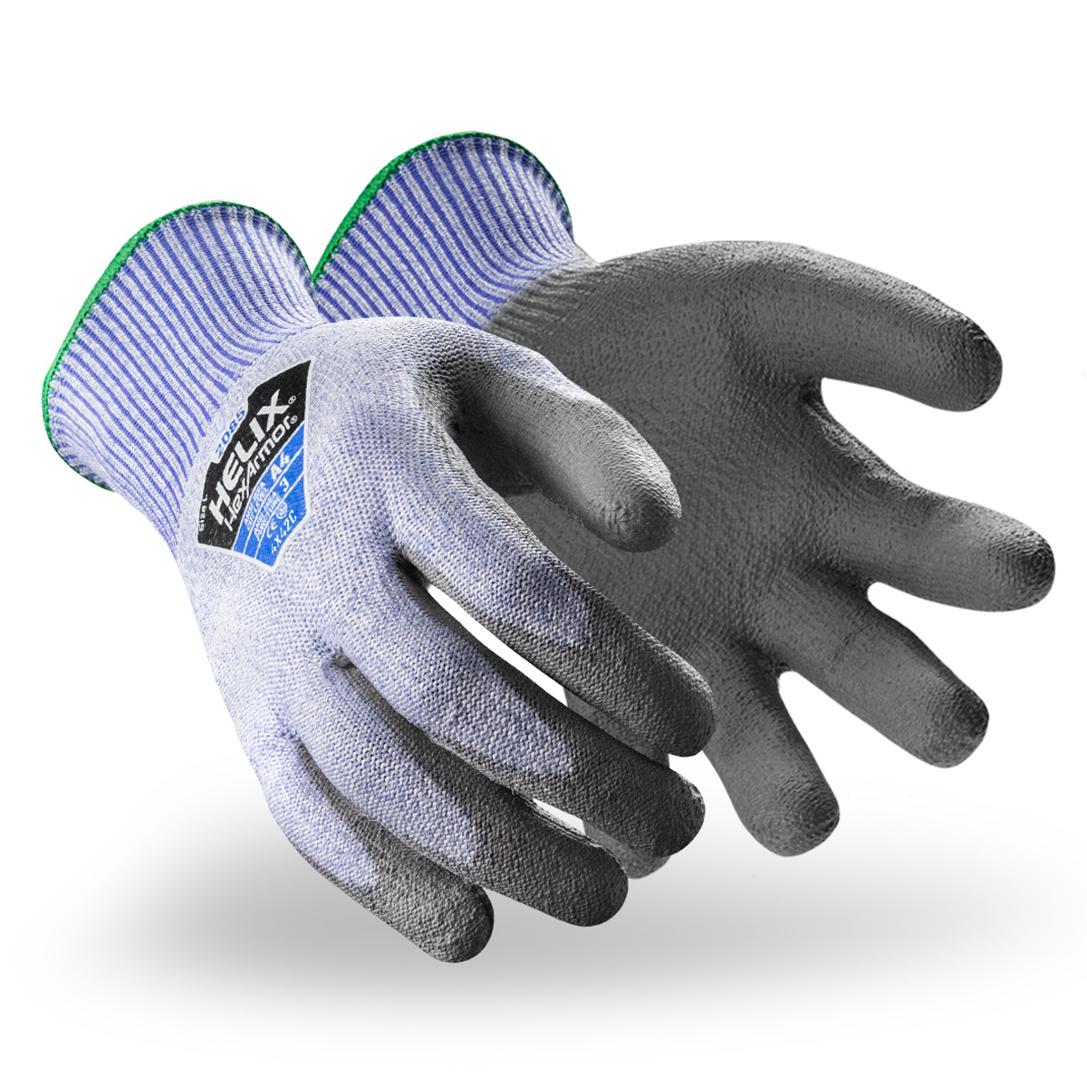 Blue and grey Helix 2085 cut-resistant safety gloves shown side by side as they might appear on your hands.