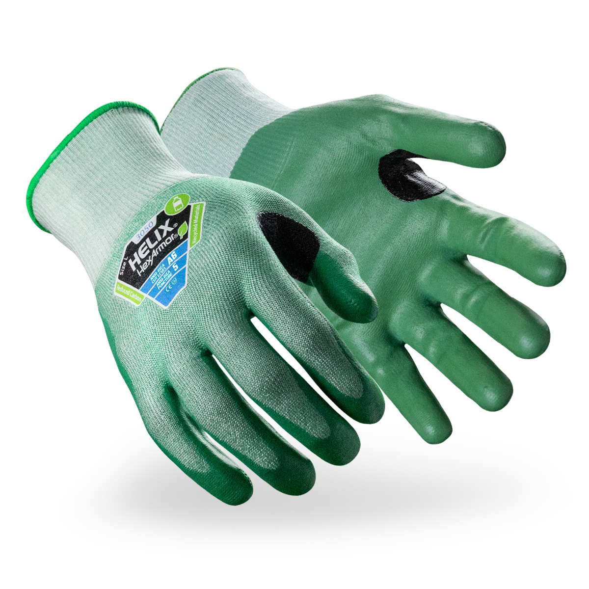 Green Helix 3050 eco-friendly cut-resistant gloves shown side by side as they might appear on your hands.