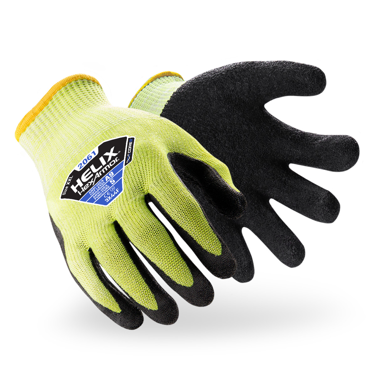 Hi-vis yellow and black Helix 2061 cut-resistant gloves shown side by side as they might appear on your hands.