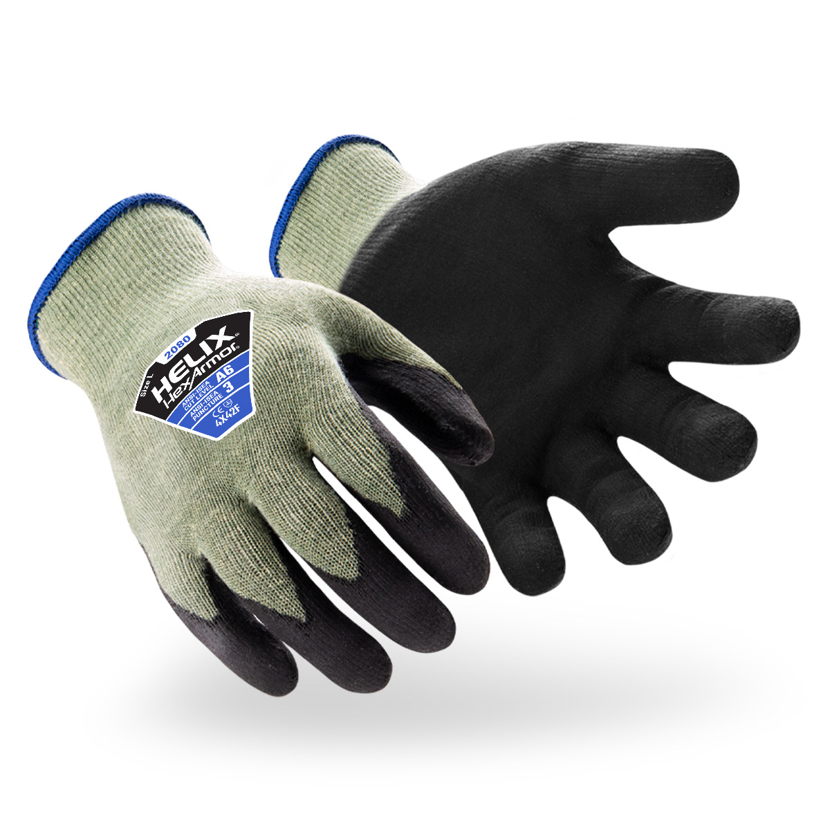 Helix 2080 abrasion-resistant gloves shown side by side as they might appear on your hands.