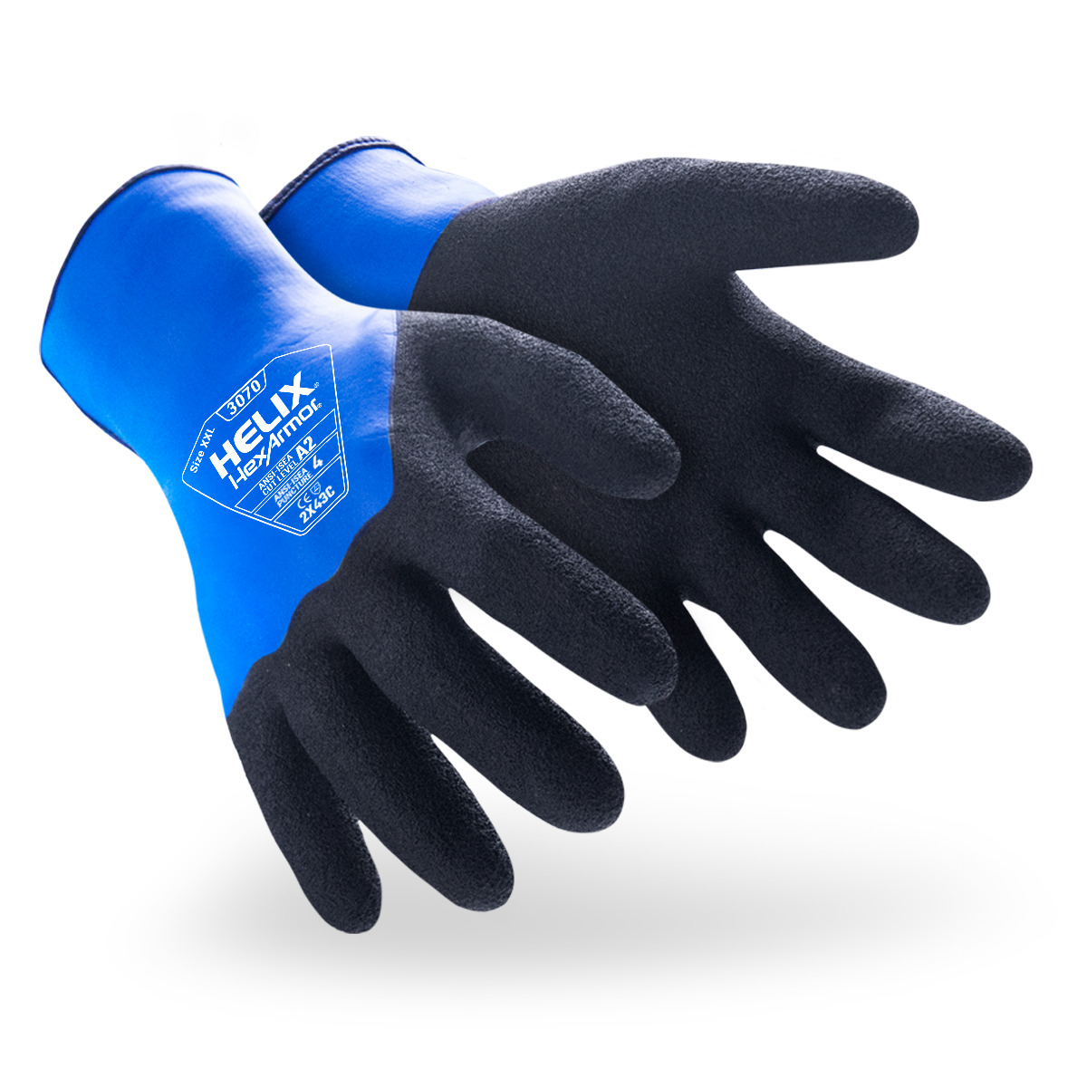 Blue and black Helix 3070 water-resistant work gloves shown side by side as they might appear on your hands.