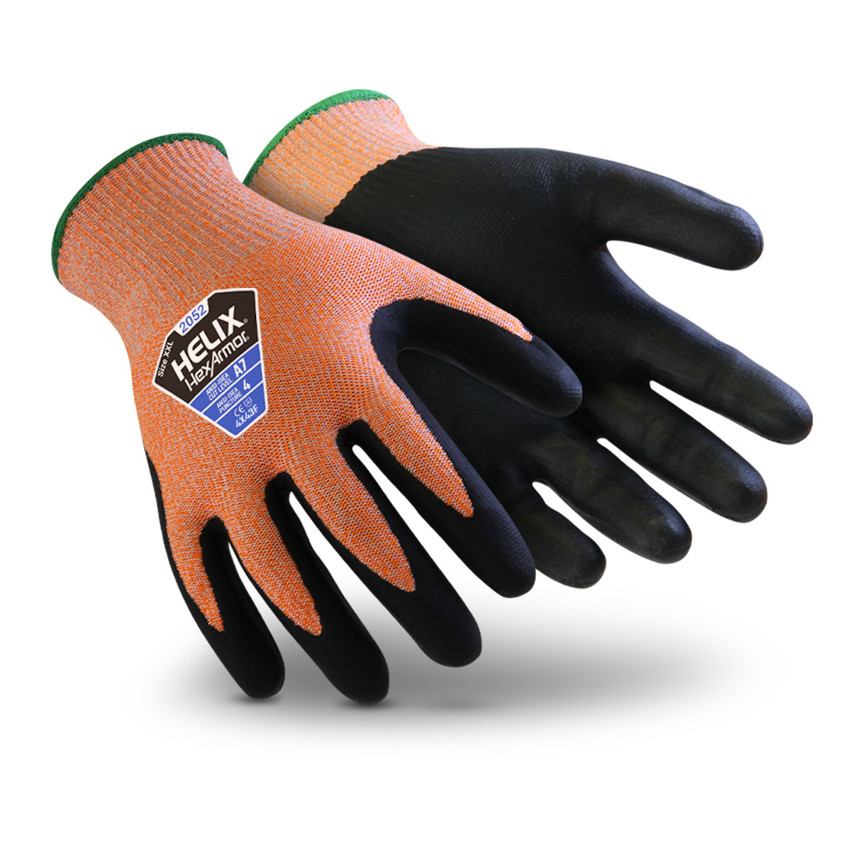 Black and hi-vis orange Helix 2052 cut-resistant gloves shown side by side as they might appear on your hands.
