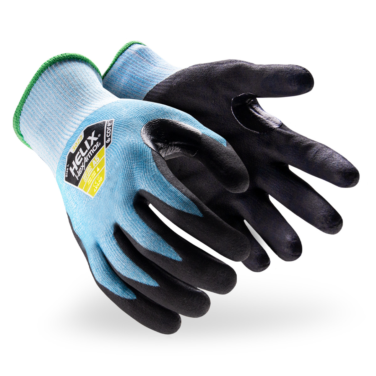 Black and blue Helix 3020 cut-resistant work gloves shown side by side as they might appear on your hands.