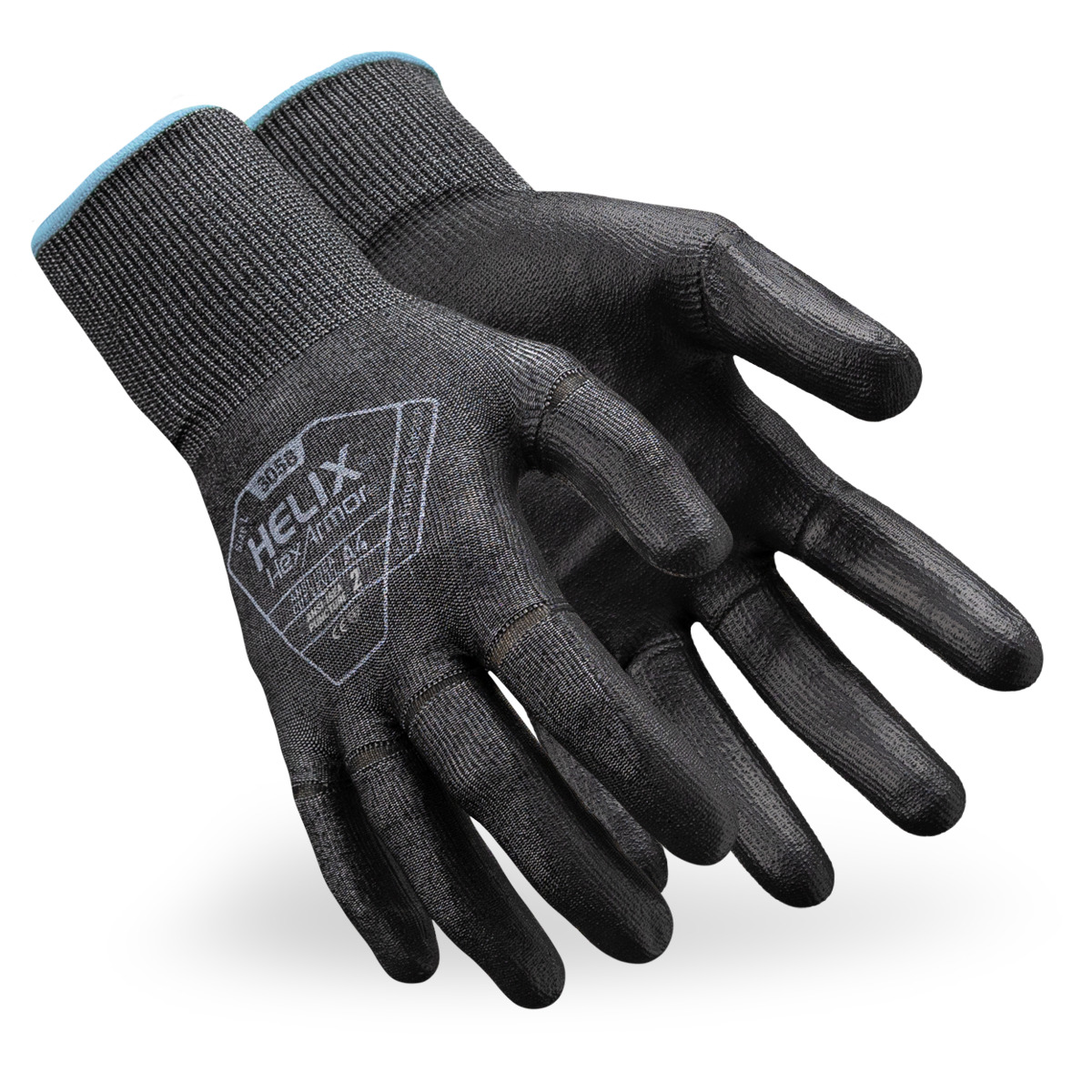 Black Helix 3058 general purpose safety gloves as they might appear on your hands.