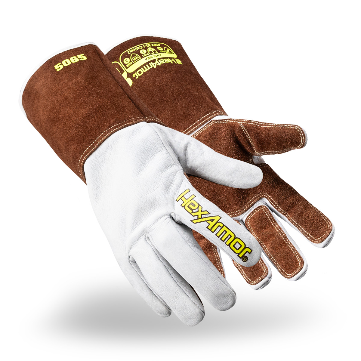 Pair of HeatArmor 5065 welding work gloves as they might appear on your hands.