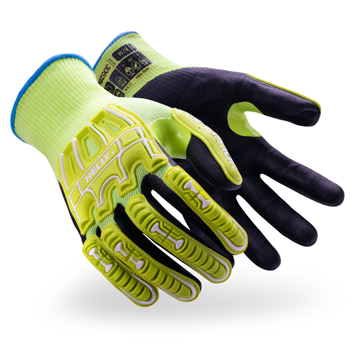 Hi-vis and black Helix 3062IMP impact-resistant gloves as they might appear on your hands.