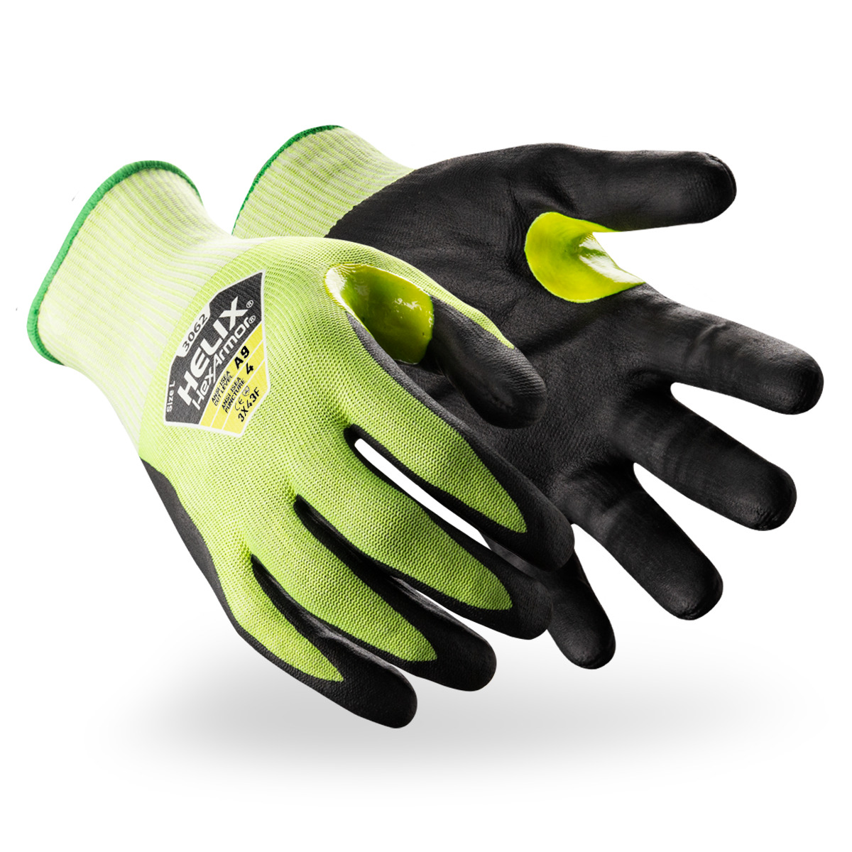 Hi vis and black Helix 3062 cut-resistant gloves as they might appear on your hands.