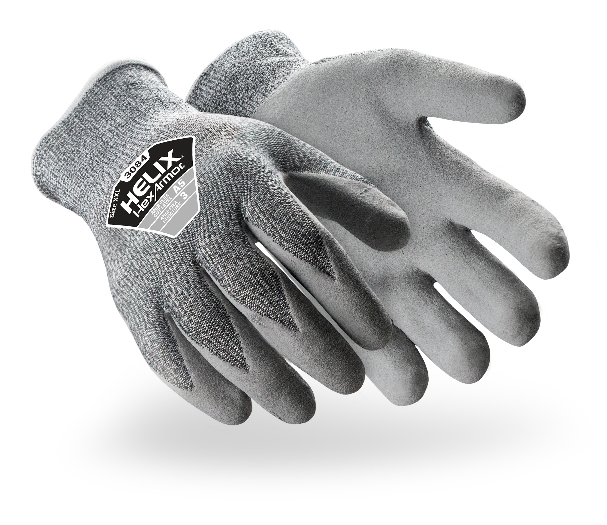 Grey Helix 3084 glass handling gloves shown side by side as they might appear on your hands.