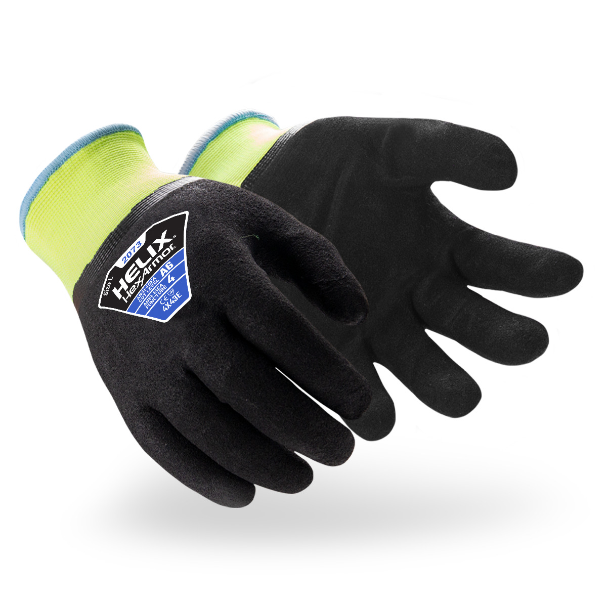 Black and yellow Helix 2073 water-resistant cold weather safety gloves shown side by side as they might appear on your hands.