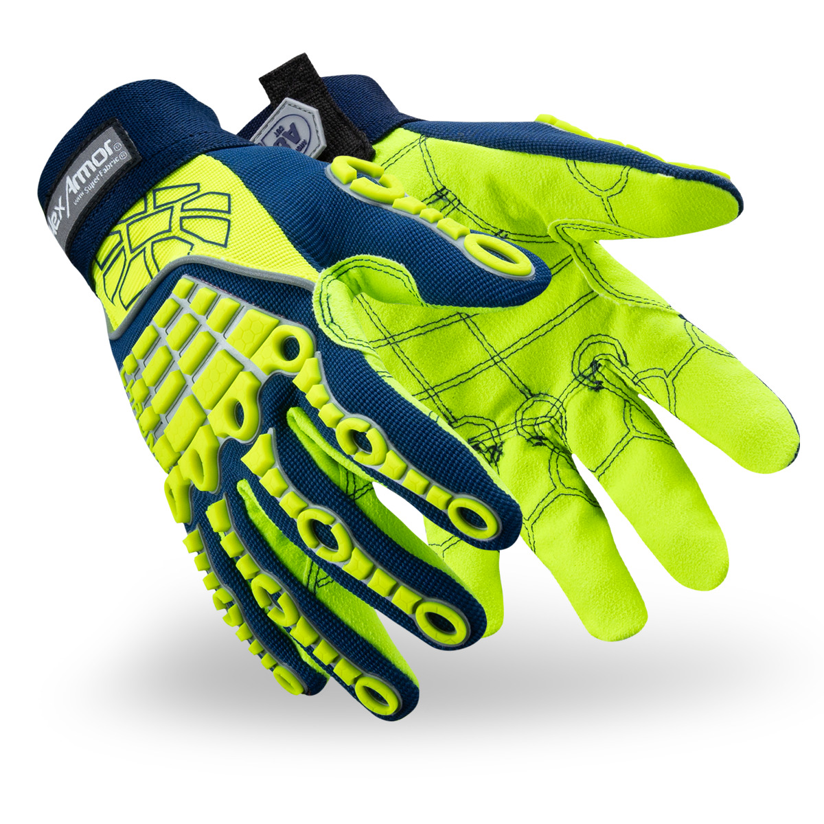 Hi-vis and blue Chrome Series 4027 cut and impact resistant gloves as they might appear on your hands.
