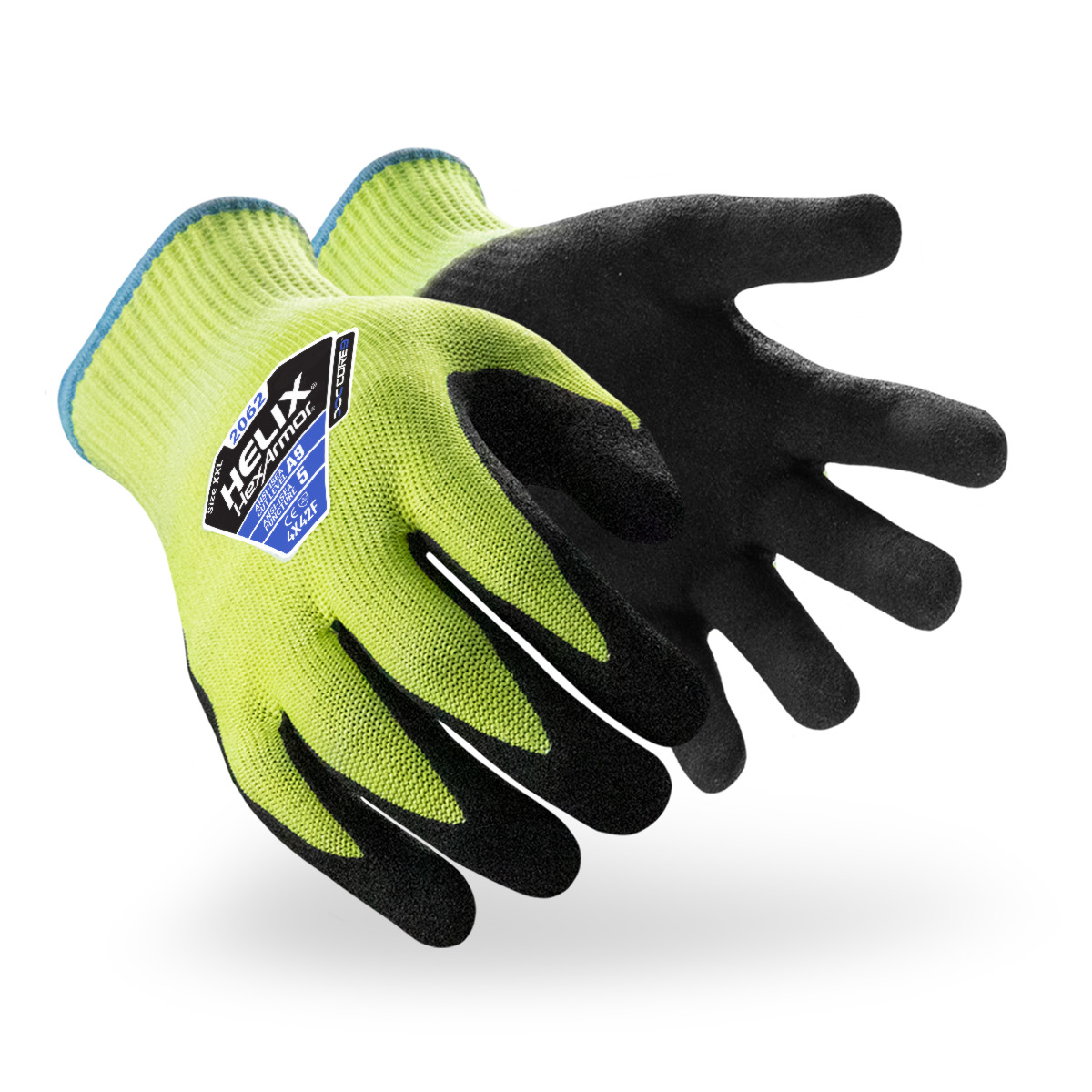Hi-vis yellow and black Helix 2062 puncture-resistant gloves shown side by side as they might appear on your hands.