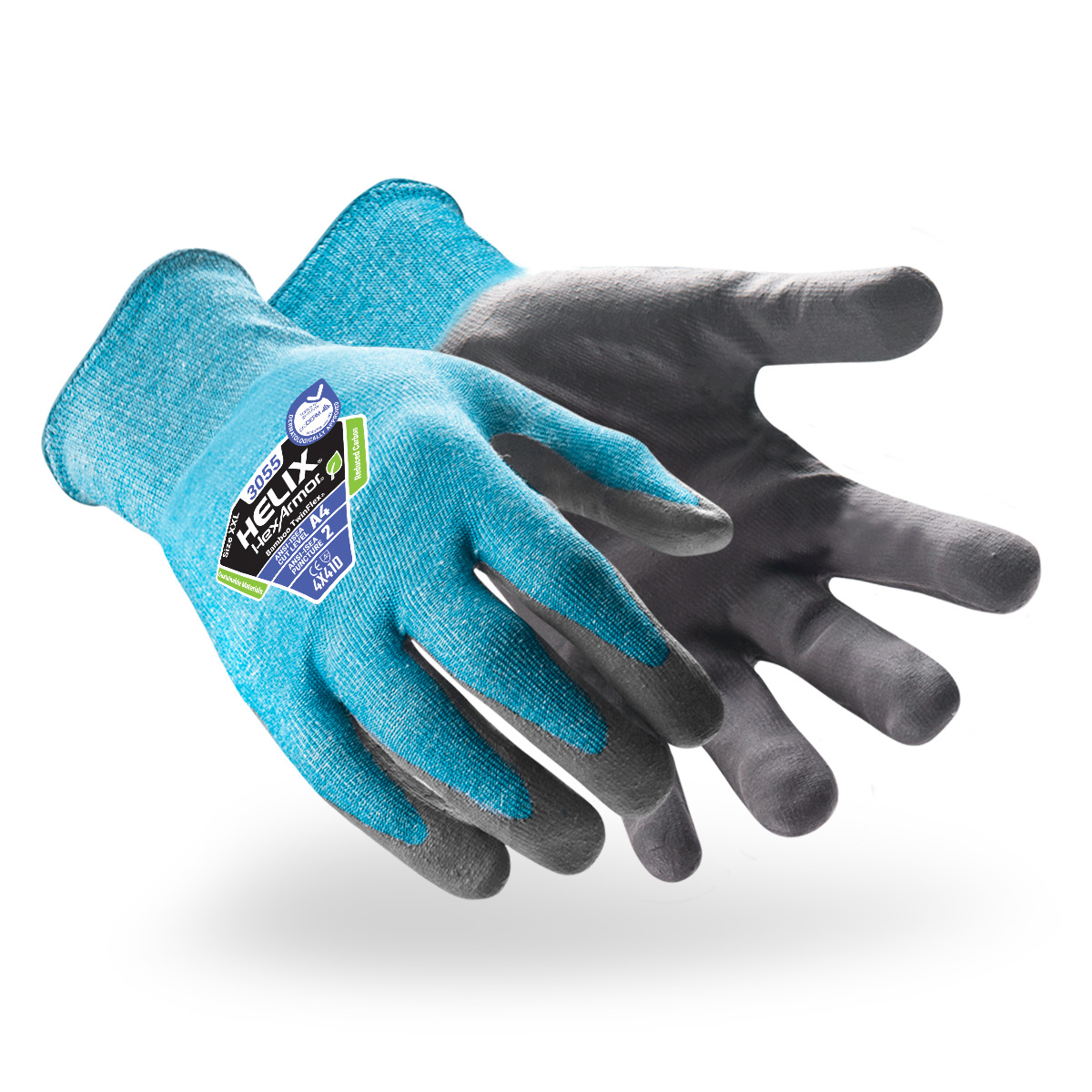 Teal and grey Helix 3055 abrasion-resistant gloves, showing gloves side by side as the might appear on your hands.